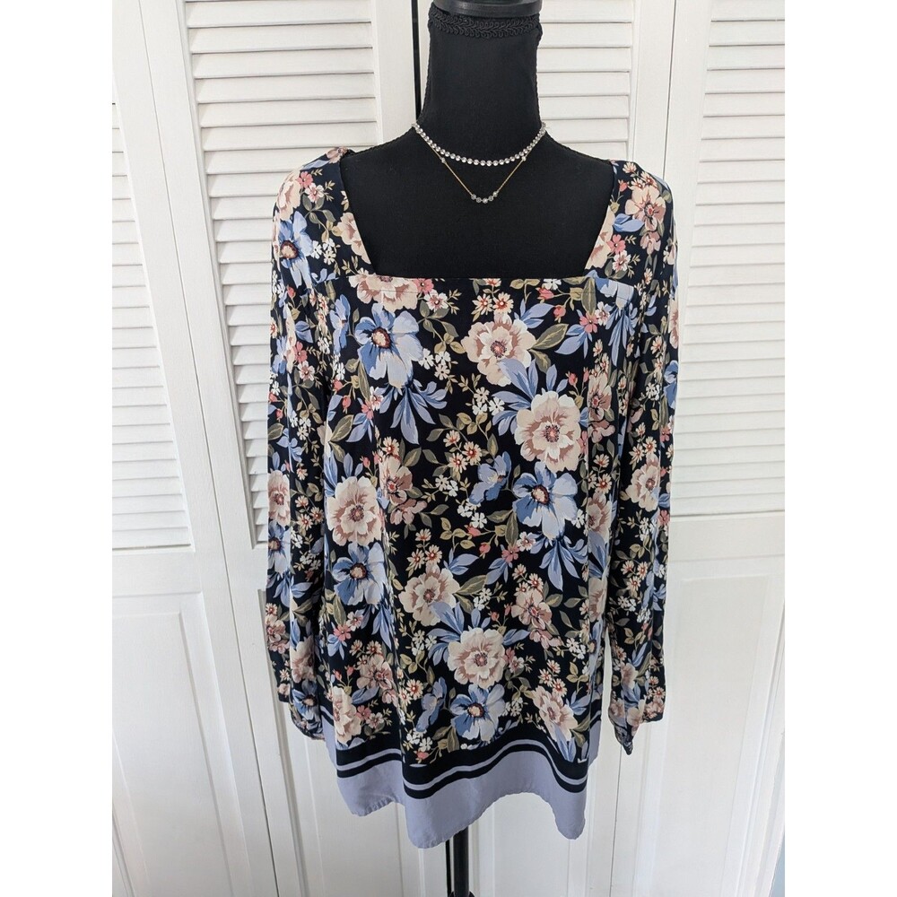 J. Jill Blouse Womens L Blue Multi Floral Square Neck Boho Peasant Relaxed Rayon